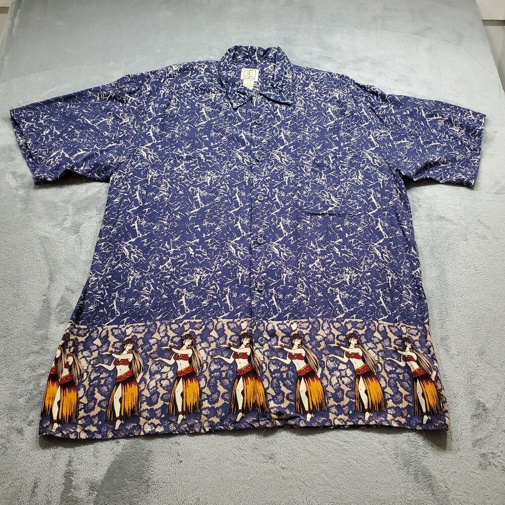 Morro Bay Button Up Short Sleeve Shirt Hula Dancers Dark Blue Tan Men Sz L